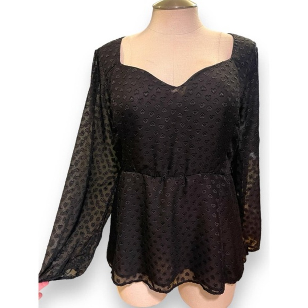 Torrid 5 (5X 28) New Black Heart Clip Dot Peplum Chiffon Puff Sleeve Blouse Top